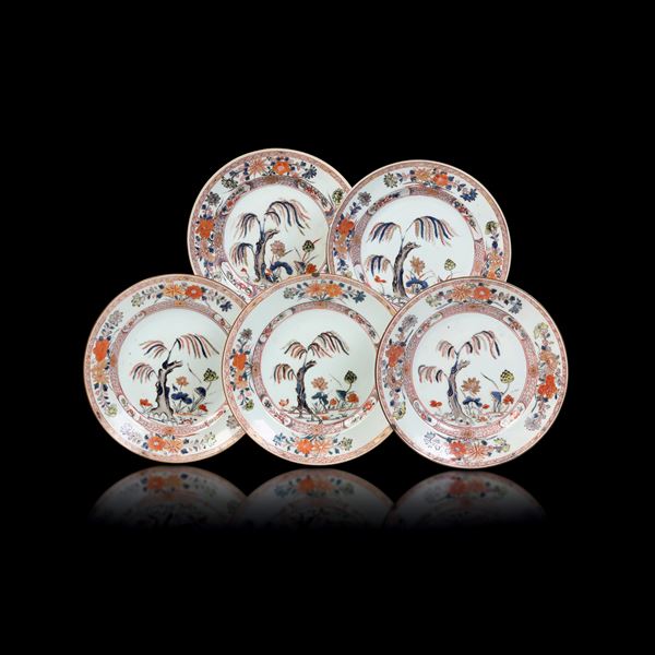 Set of five porcelain plates, Famiglia Verde, China, Qing Dynasty, Yong Zheng period (1723-1735)
