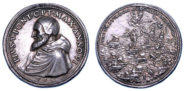 STATO PONTIFICIO. PIO V (Antonio Ghislieri), 1566-1572. Medaglia in argento A. VI. Ricordo della battaglia di Lepanto.