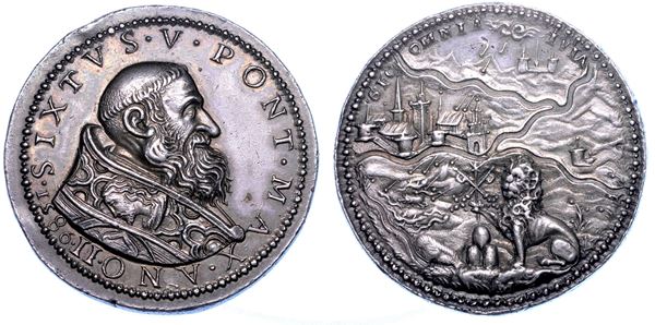 STATO PONTIFICIO. SISTO V (Felice Peretti), 1585-1590. Medaglia in argento 1586/A. II. I provvedimenti per la sicurezza nei territorio dello Stato della Chiesa.