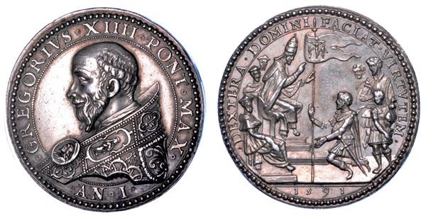 STATO PONTIFICIO. GREGORIO XIV (Niccolò Sfondrati), 1590-1591. Medaglia annuale in argento A. I (1591). Spedizione militare pontificio antiugonotta in Francia.