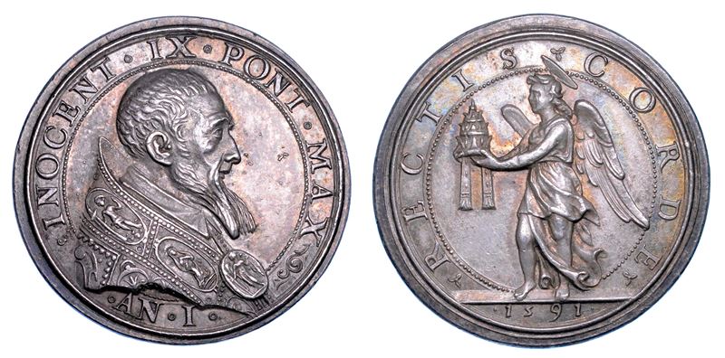 STATO PONTIFICIO. INNOCENZO IX (Giovanni Antonio Facchinetti de Nuce), 3 novembre - 30 dicembre 1591. Medaglia in argento 1591/A. I. Elezione al pontificato.  - Auction Numismatics - Medals and popes - II - Cambi Casa d'Aste