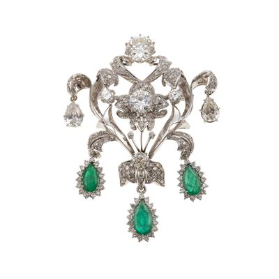 Spilla con Smeraldi Taglio Goccia e Diamanti Taglio Brillante, Goccia e Vecchio
