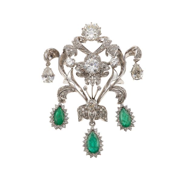 Emerald, diamond and gold brooch
