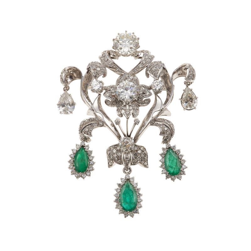 Emerald, diamond and gold brooch  - Auction Fine Jewellery - Cambi Casa d'Aste