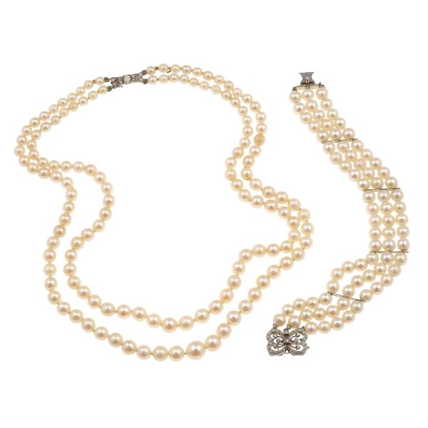 Lotto composto da collana e bracciale con perle coltivate e piccoli diamanti