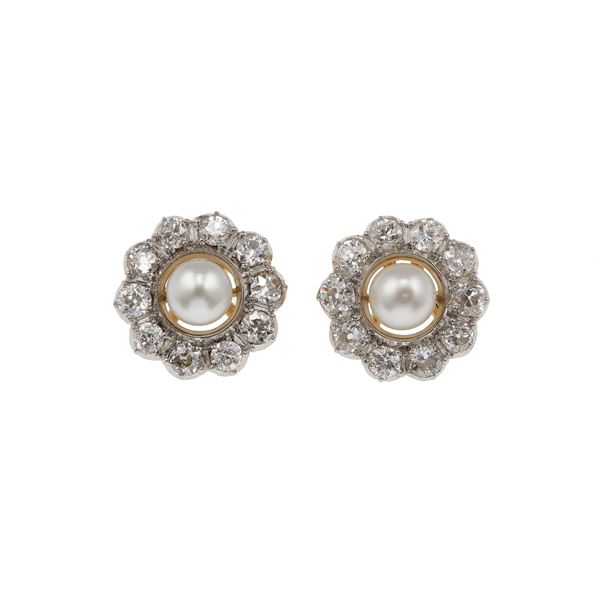 Pair of pearl, old-cut diamond and gold earrings