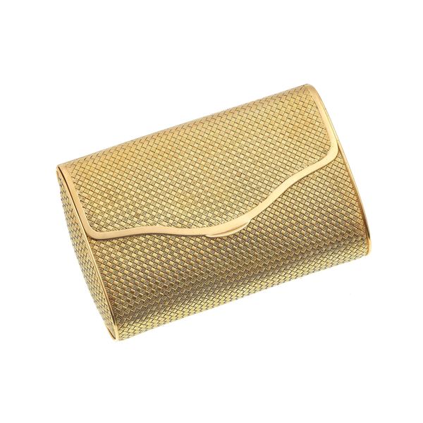 Gold evening bag. Of woven design, opening to reveal a mirror