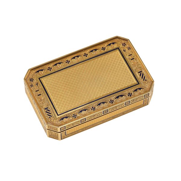 Blue enamel and gold box. Workmaster hallmarks C I P, pseudo French standard mark