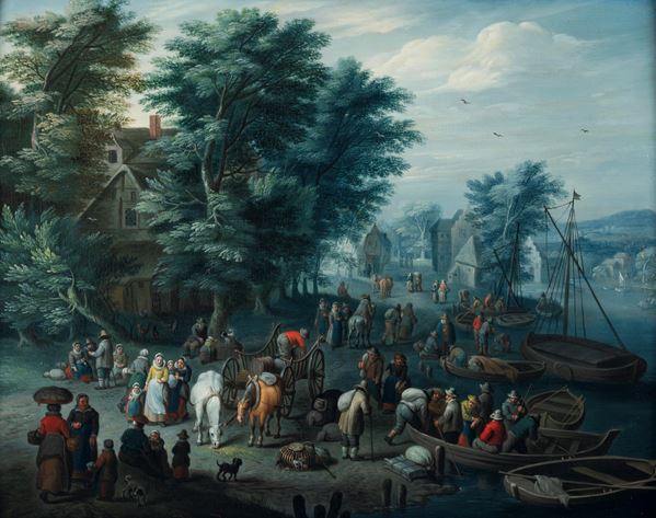 Peeter Gijsels - Paesaggio con imbarcazioni e figure sulla riva