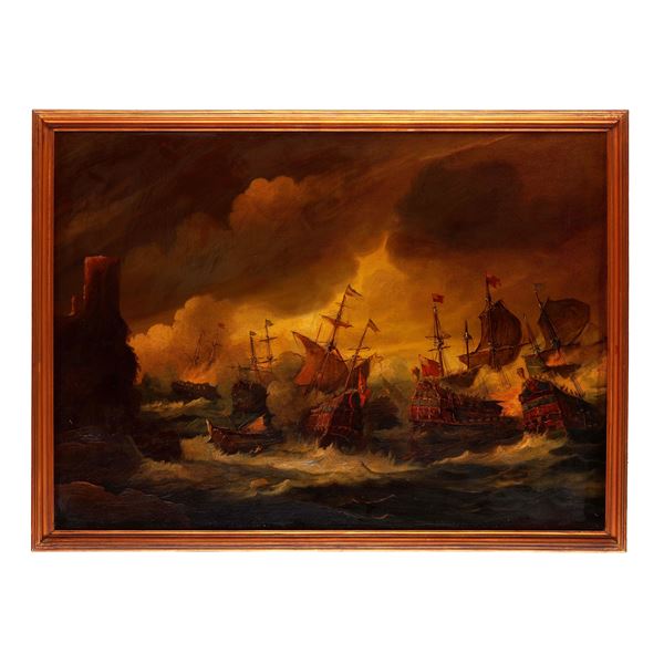 Scuola del XX secolo Marina in tempesta con velieri