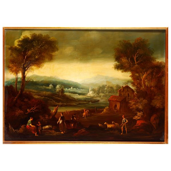 Scuola del XX secolo Paesaggio con contadini