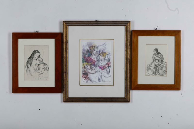 Adelina Zandrino : Cristo con bambino Maternità  - matita su carta - Asta Dipinti del XIX-XX Secolo - Cambi Casa d'Aste