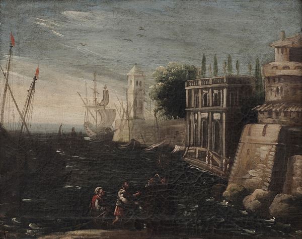 Scuola del XVIII secolo Capriccio costiero con figure e imbarcazioni