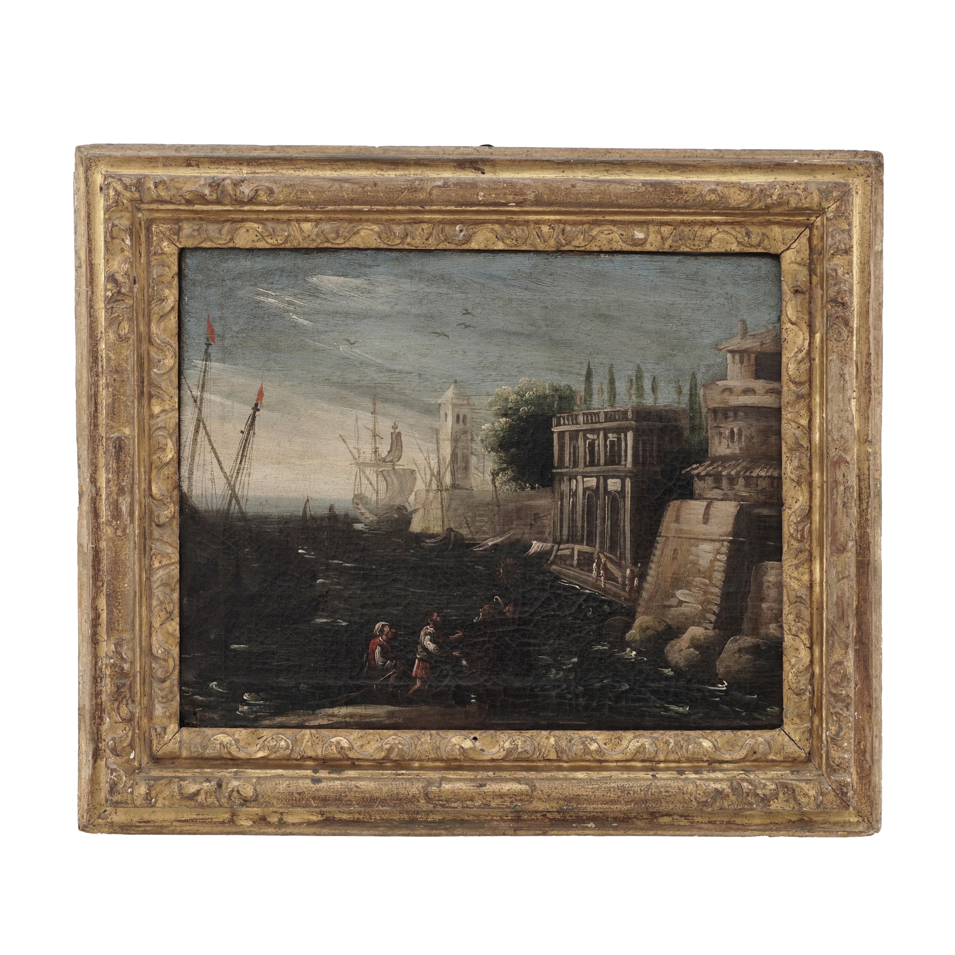 Scuola del XVIII secolo Capriccio costiero con figure e imbarcazioni