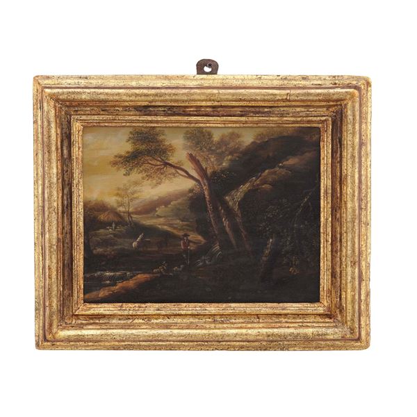 Nei modi della pittura del XVIII secolo, XX secolo Paesaggio fluviale con figure