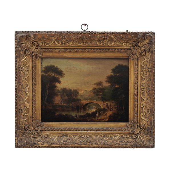 Scuola nord europea del XIX secolo Paesaggio fluviale con ponte e viandanti