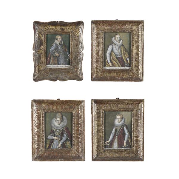 Quattro incisioni colorate raffiguranti ritratti di nobiluomini e nobildonne, entro cornici a palmette. XIX secolo