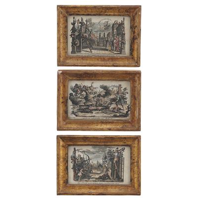 Tre Piccole Incisioni Colorate con Scene di Martiri di Santi. XVIII Secolo