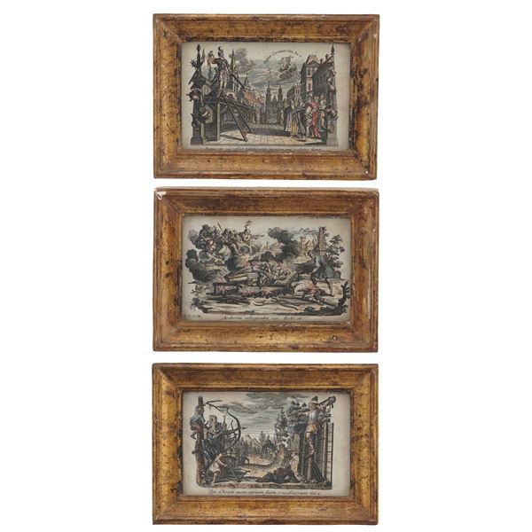 Tre piccole incisioni colorate con scene di martiri di Santi. XVIII secolo