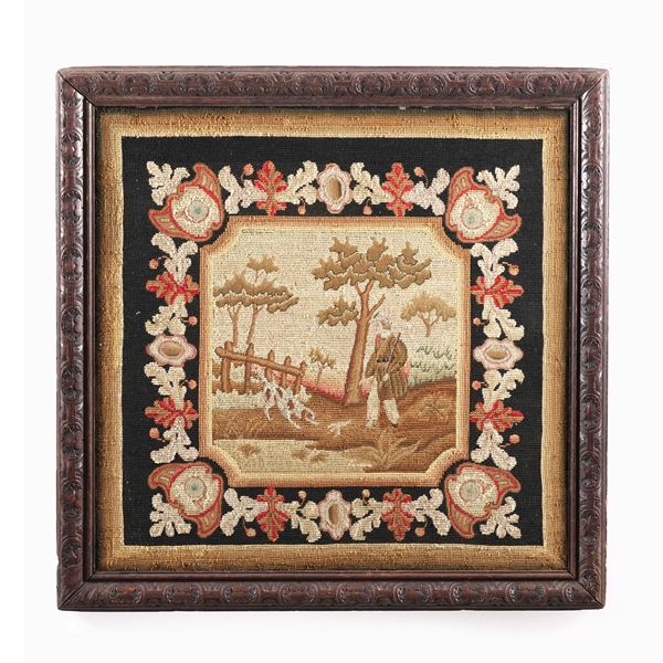 Pannello ricamato a piccolo punto con scene di caccia. XIX secolo