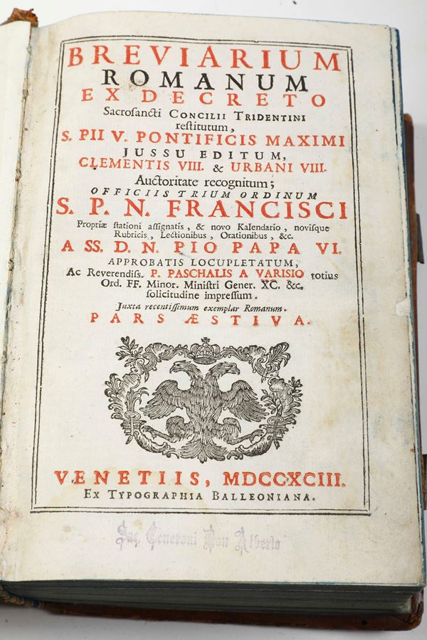 Breviarium Romanum ex decreto sacrosanti concilii tridentini Venezia, ex Tipographia Balleoniana, 1793