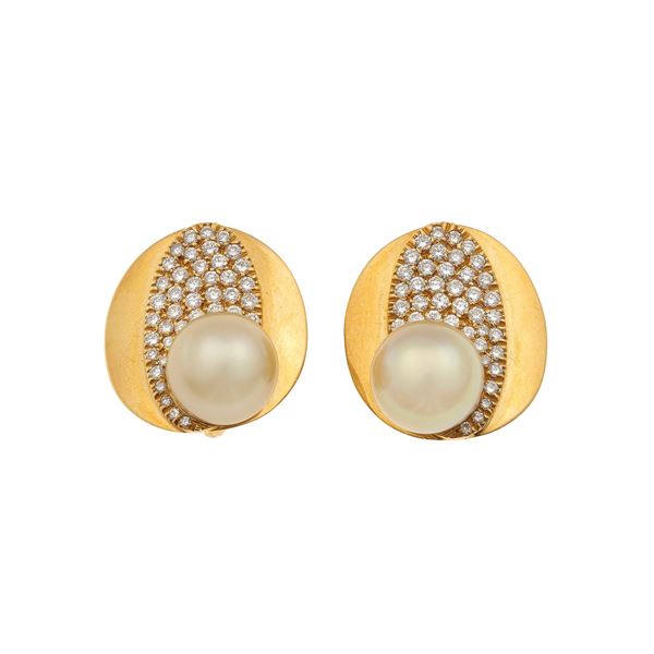 Pair of cultured pearl and diamond earrings. Costantino Repossi
