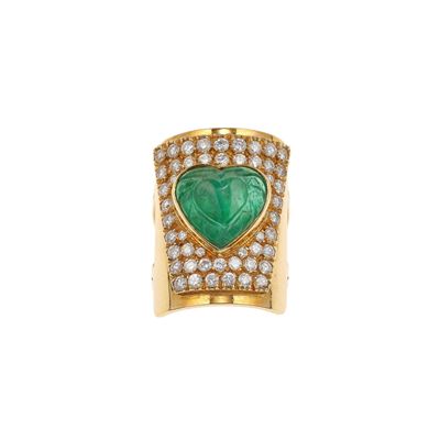Costantino Repossi. Anello con Diamanti e Smeraldo Taglio Cuore, Inciso