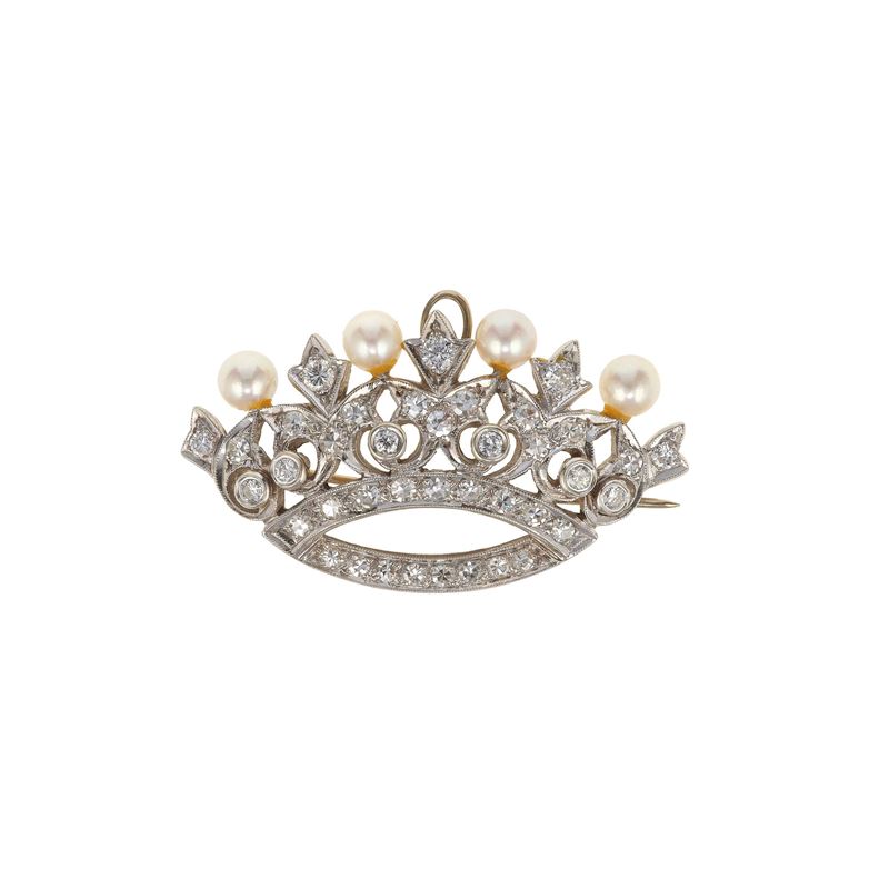 Low-karat gold, diamond and pearl brooch/pendant  - Auction Fine Jewellery - Cambi Casa d'Aste