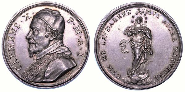 STATO PONTIFICIO. CLEMENTE X (Emilio Altieri), 1670-1676. Medaglia in argento A. I. Consuetudine del Pontefice di pregare l'Immacolata Concezione.