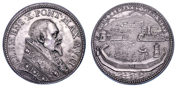 STATO PONTIFICIO. CLEMENTE X (Emilio Altieri), 1670-1676. Medaglia annuale in argento A. VII (1676). Fortificazioni al porto di Civitavecchia.
