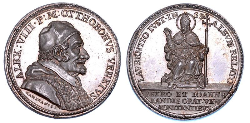 STATO PONTIFICIO. ALESSANDRO VIII (Pietro Ottoboni), 1689-1691. Medaglia in argento. Canonizzazione di Lorenzo Giustinian.  - Auction Numismatics - Medals and popes - II - Cambi Casa d'Aste