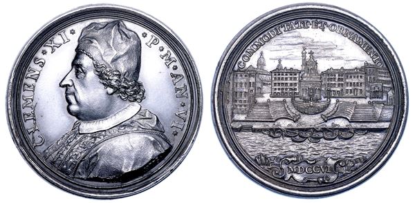 STATO PONTIFICIO. CLEMENTE XI (Giovanni Francesco Albani), 1700-1721. Medaglia annuale in argento 1706/A. VI. Costruzione del porto di Ripetta.
