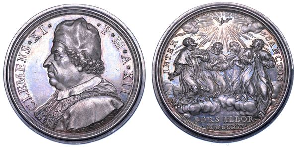 STATO PONTIFICIO. CLEMENTE XI (Giovanni Francesco Albani), 1700-1721. Medaglia annuale in argento 1712/A. XII. Canonizzazione di quattro Santi.