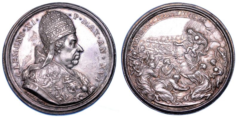 STATO PONTIFICIO. CLEMENTE XI (Giovanni Francesco Albani), 1700-1721. Medaglia annuale in argento A. XVI (1716). Ripresa delle operazioni militari contro i Turchi.  - Asta Numismatica - Medals and Popes - II - Cambi Casa d'Aste