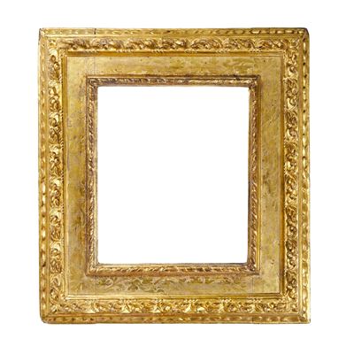 Cornice a Cassetta in Legno Intagliato, Bulinato e Dorato. Emilia XVII Secolo