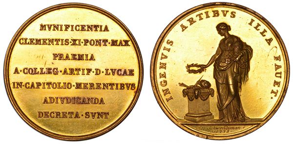 STATO PONTIFICIO. CLEMENTE XI (Giovanni Francesco Albani), 1700-1721. Medaglia in oro 1775 in onore di Clemente XI. Medaglia premio dell'Accademia di San Luca.