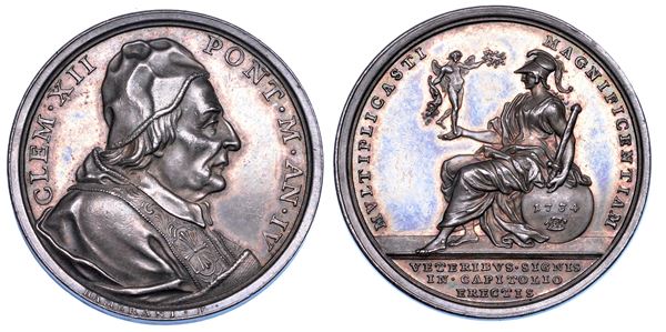 STATO PONTIFICIO. CLEMENTE XII (Lorenzo Corsini), 1730-1740. Medaglia annuale in argento 1734/A. IV. Arricchimento del Museo Capitolino.