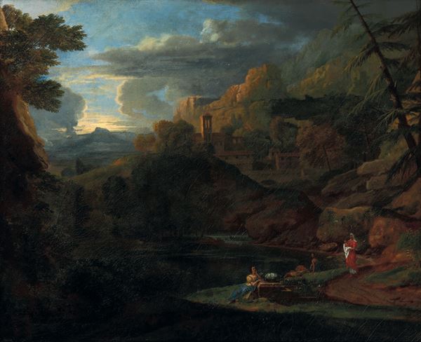 Scuola del XVII secolo Paesaggio fluviale con figure di contadini