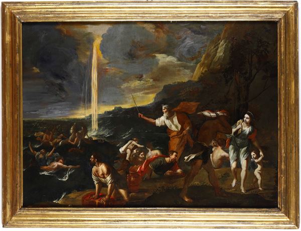 Scuola del XVII secolo Mosè chiude le acque del Mar Rosso