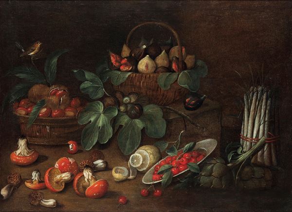 Angelo Maria Rossi detto Pseudo Fardella (attivo in Lombardia verso la met&#224; del XVII secolo) - Natura morta con cesto di fichi, castagne, funghi e asparagi