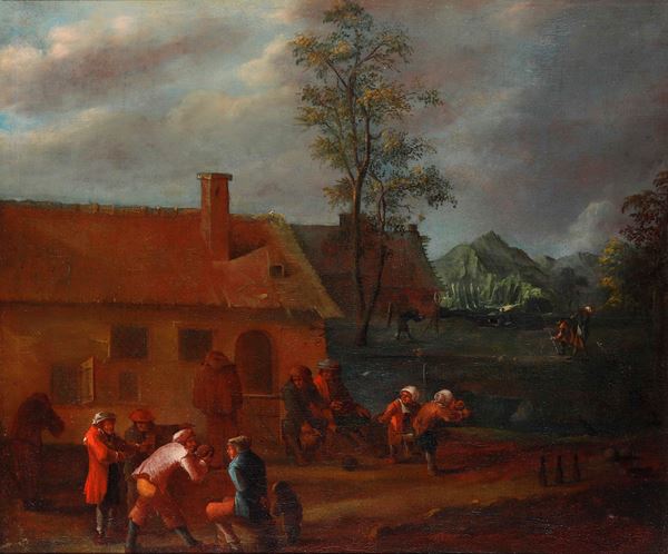 Scuola fiamminga del XVII secolo Paesaggio con popolani