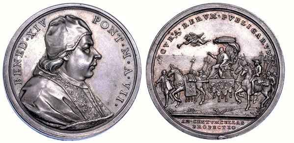 STATO PONTIFICIO. BENEDETTO XIV (Prospero Lorenzo Lambertini), 1740-1758. Medaglia annuale in argento A. VII (1747). Viaggio del Pontefice a Civitavecchia.
