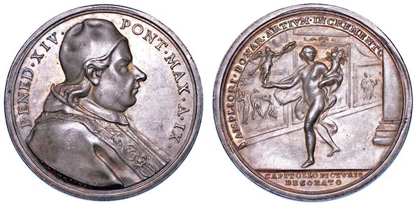 STATO PONTIFICIO. BENEDETTO XIV (Prospero Lorenzo Lambertini), 1740-1758. Medaglia annuale in argento A. IX (1749). Arricchimento della Pinacoteca del Museo Capitolino.