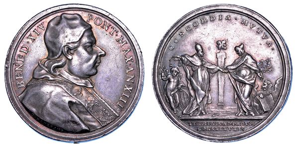 STATO PONTIFICIO. BENEDETTO XIV (Prospero Lorenzo Lambertini), 1740-1758. Medaglia annuale in argento A. XIII (1753). Regolazione dei confini tra lo Stato Pontificio e Repubblica di Venezia.