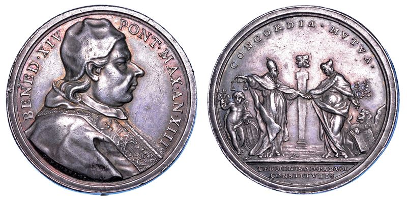 STATO PONTIFICIO. BENEDETTO XIV (Prospero Lorenzo Lambertini), 1740-1758. Medaglia annuale in argento A. XIII (1753). Regolazione dei confini tra lo Stato Pontificio e Repubblica di Venezia.  - Auction Numismatics - Medals and popes - II - Cambi Casa d'Aste