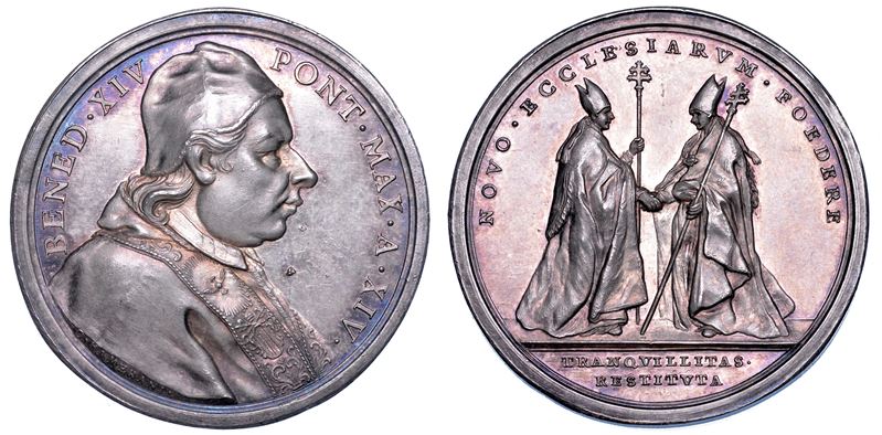 STATO PONTIFICIO. BENEDETTO XIV (Prospero Lorenzo Lambertini), 1740-1758. Medaglia annuale in argento 1754/A. XIV. Accordo sulla controversia del Patriarcato di Aquileia.  - Auction Numismatics - Medals and popes - II - Cambi Casa d'Aste