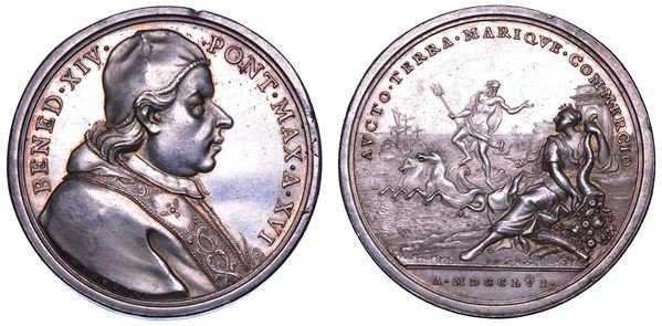 STATO PONTIFICIO. BENEDETTO XIV (Prospero Lorenzo Lambertini), 1740-1758. Medaglia annuale in argento 1756/A. XVI. Incremento del commercio a Civitavecchia.