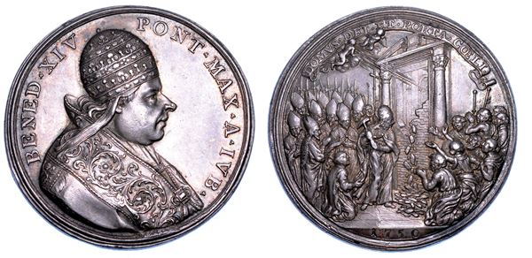 STATO PONTIFICIO. BENEDETTO XIV (Prospero Lorenzo Lambertini), 1740-1758. Medaglia annuale in argento 1750/A. IVB. Anno Santo 1750.