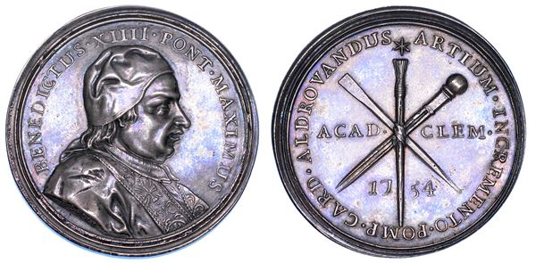 STATO PONTIFICIO. BENEDETTO XIV (Prospero Lorenzo Lambertini), 1740-1758. Medaglia annuale in argento 1754 (A. XIV). Accademia Clementina.