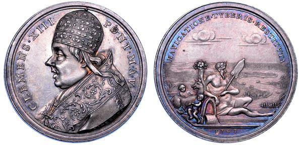 STATO PONTIFICIO. CLEMENTE XIII (Carlo Rezzonico), 1758-1769. Medaglia annuale in argento 1763/A. V. Ripristino della navigabilità del fiume Tevere.